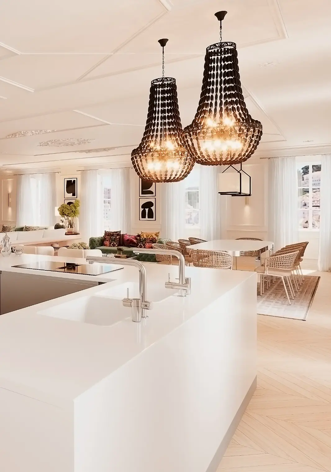 Cozinha em open space com design de interiores contemporâneo, integrada na zona social de um apartamento pombalino rmodelado pela nossa equipa Cozinha em open space em que os candeeiros decorativos que pendem sobre a ilha trazem a continuação da decoração da sala para cozinha